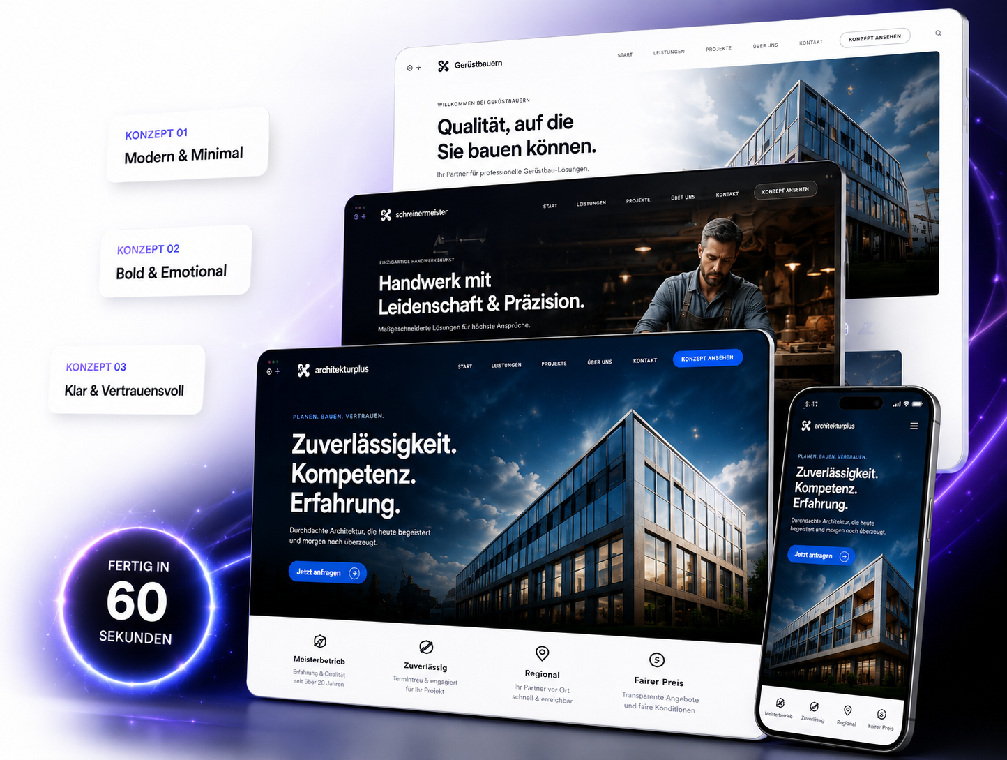 Drei individuelle Website-Konzepte für ein Unternehmen auf Tablet, Laptop und Smartphone